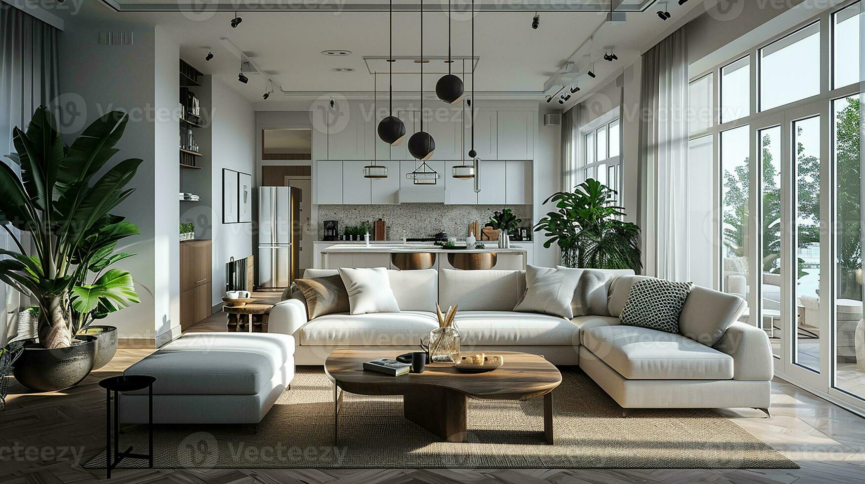 ai gegenereerd leven kamer interieur ontwerp met sofa minimaal esthetisch 3d weergegeven foto