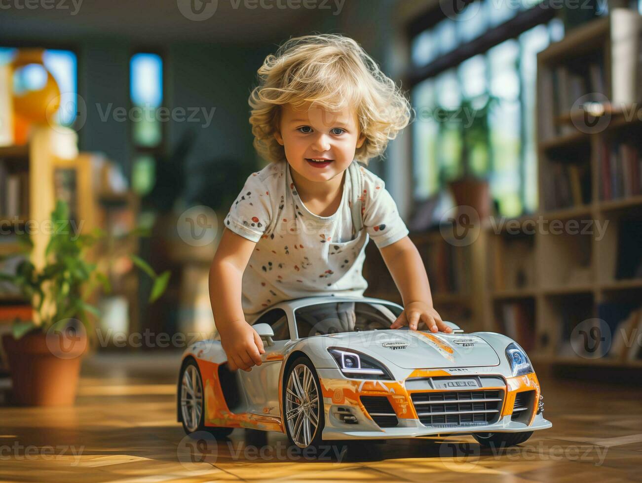 ai gegenereerd kind jongen kleuter spelen met speelgoed- auto foto
