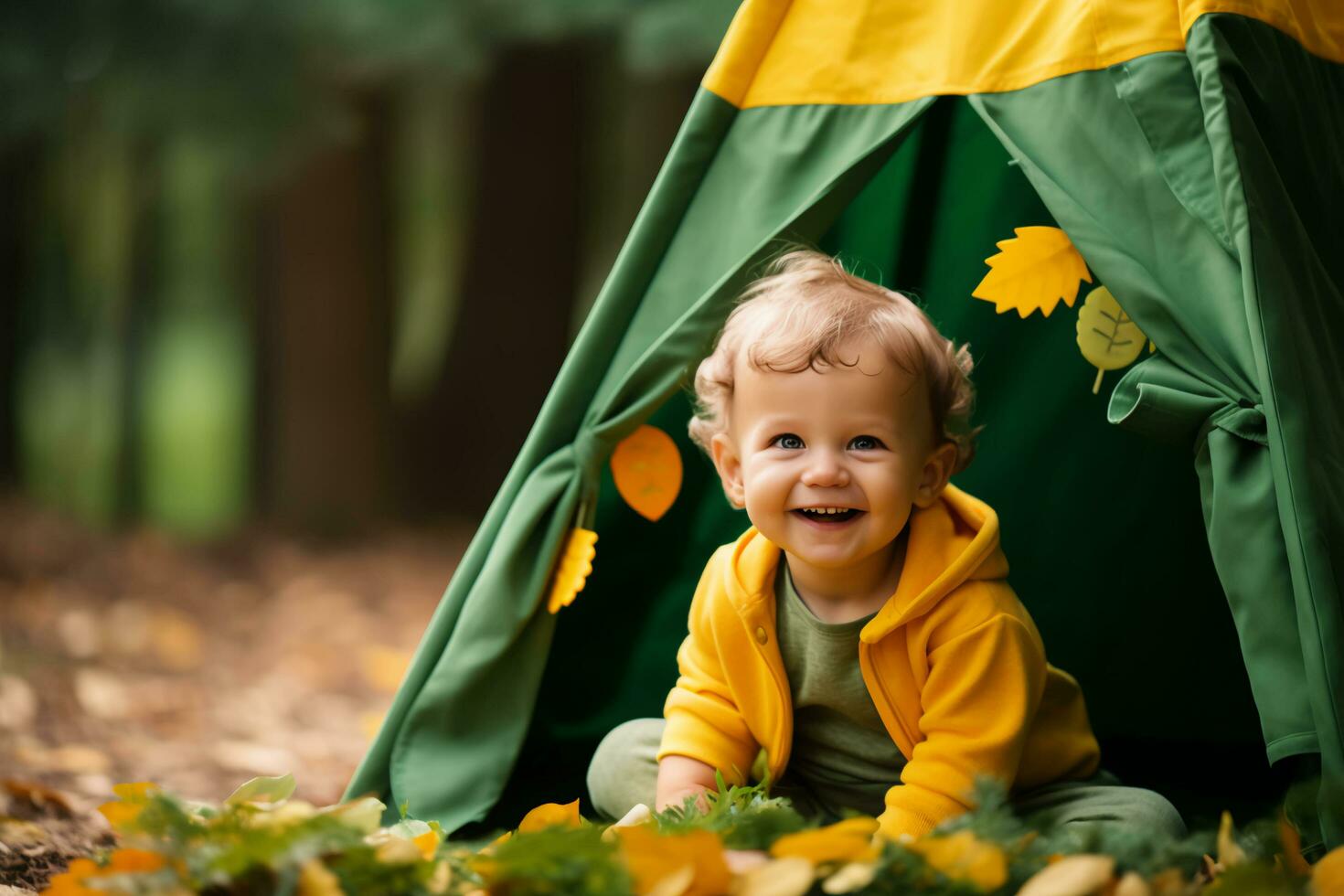 ai gegenereerd klein ontdekkingsreiziger peuter's Woud wonderland in Speel tent foto