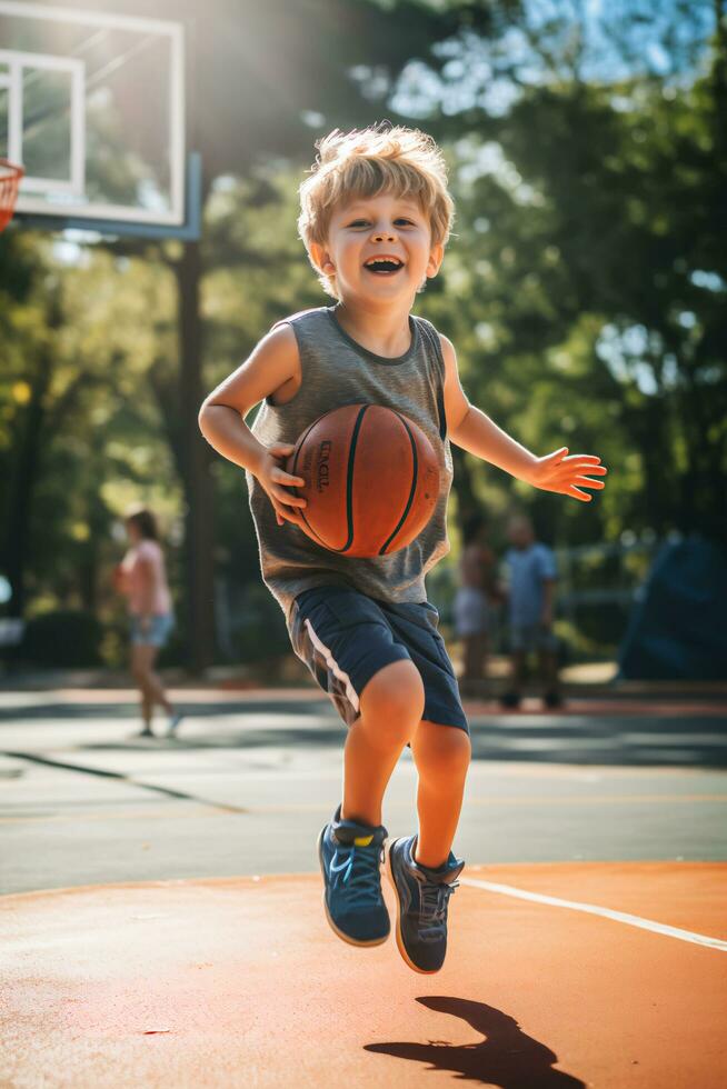 ai gegenereerd dichtslaan dunk genot kinderen energiek basketbal Speel buitenshuis foto