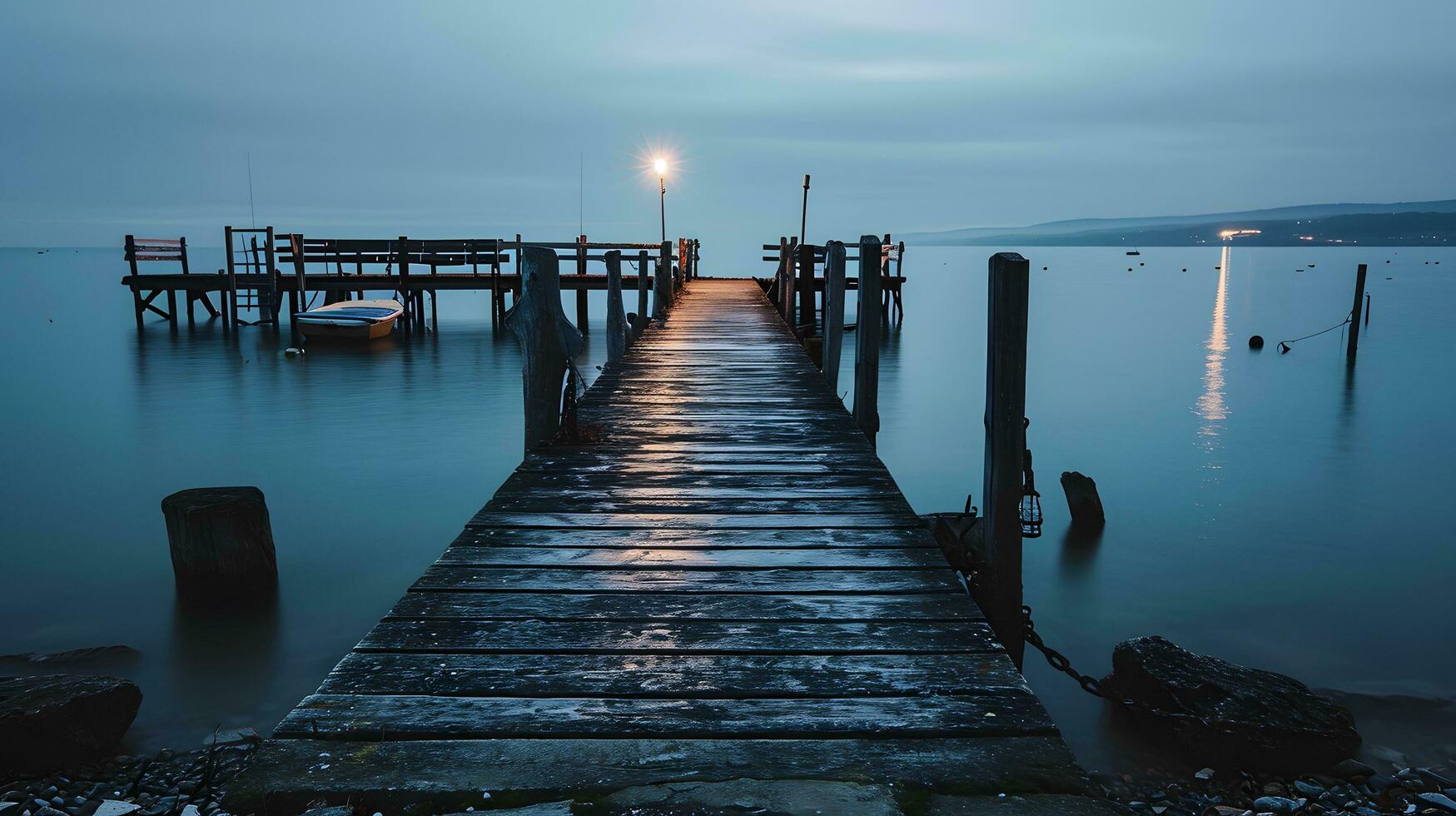 ai gegenereerd sereen vallen van de avond Aan afgelegen meer met houten dok foto