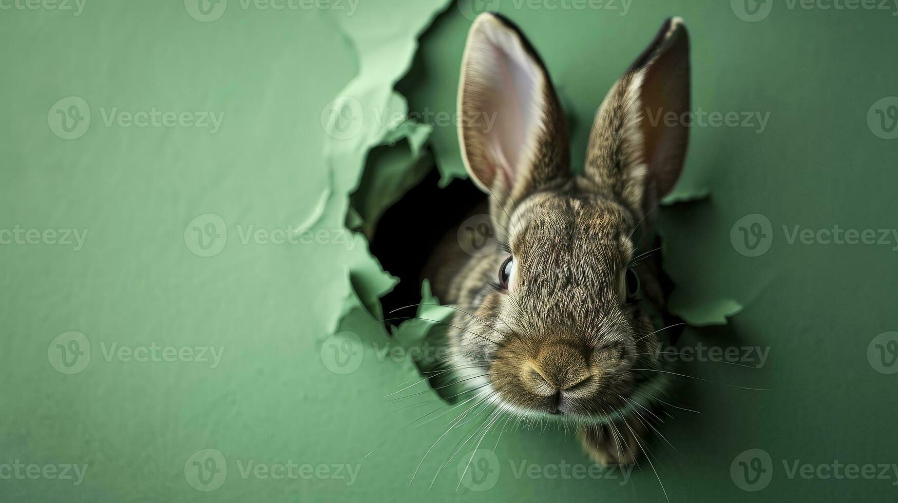 ai gegenereerd konijn gluren uit van een gat in papier, pluizig oren konijn Pasen konijn banier, konijn springen uit gescheurd gat. foto