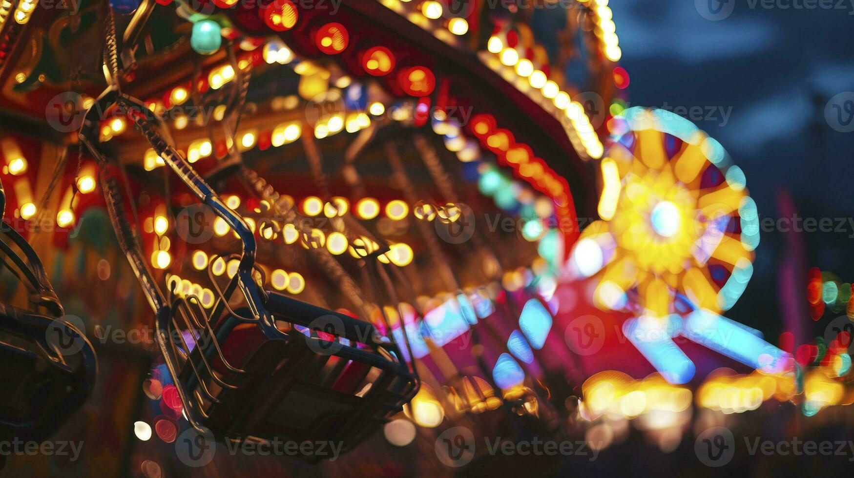 ai gegenereerd kermis en carnaval ritten en attracties gloeiend Bij nacht. foto