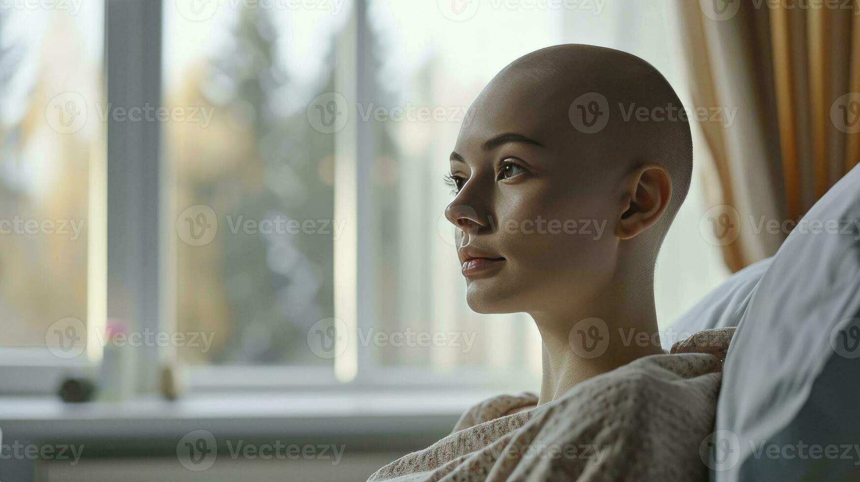 ai gegenereerd jong kaal vrouw in ziekenhuis bed wereld kanker dag concept foto