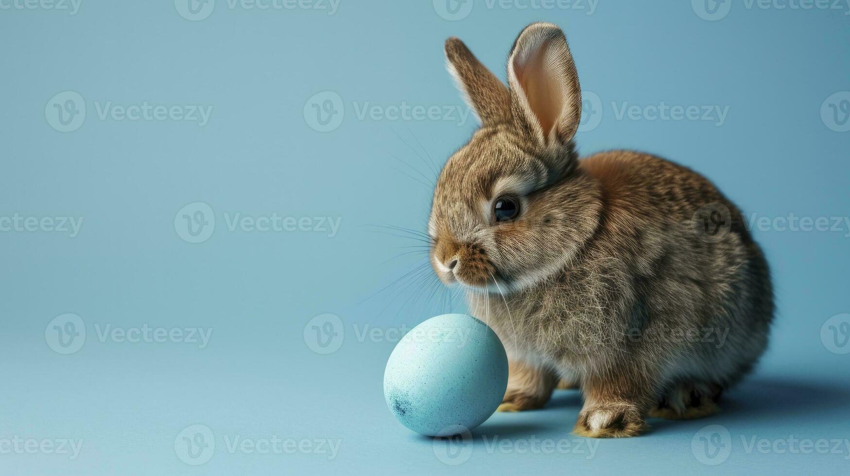 ai gegenereerd Pasen konijn konijn met blauw geschilderd ei Aan blauw achtergrond. Pasen vakantie concept. foto