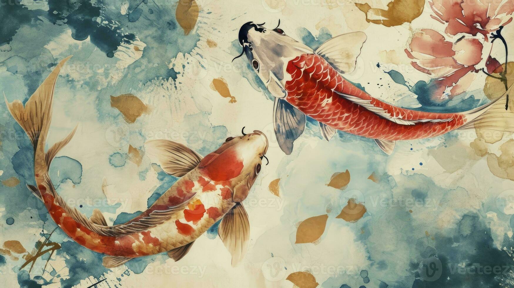 ai gegenereerd Aziatisch achtergrond, oosters Japans stijl abstract patroon achtergrond ontwerp met koi vis versieren in waterverf structuur foto