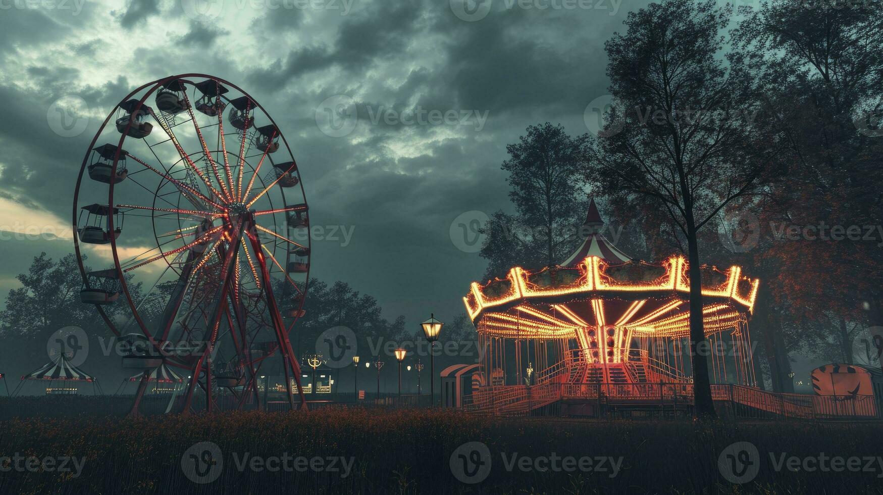 ai gegenereerd oud carnaval met een ferris wiel Aan een bewolkt nacht. 3d weergave, illustratie foto