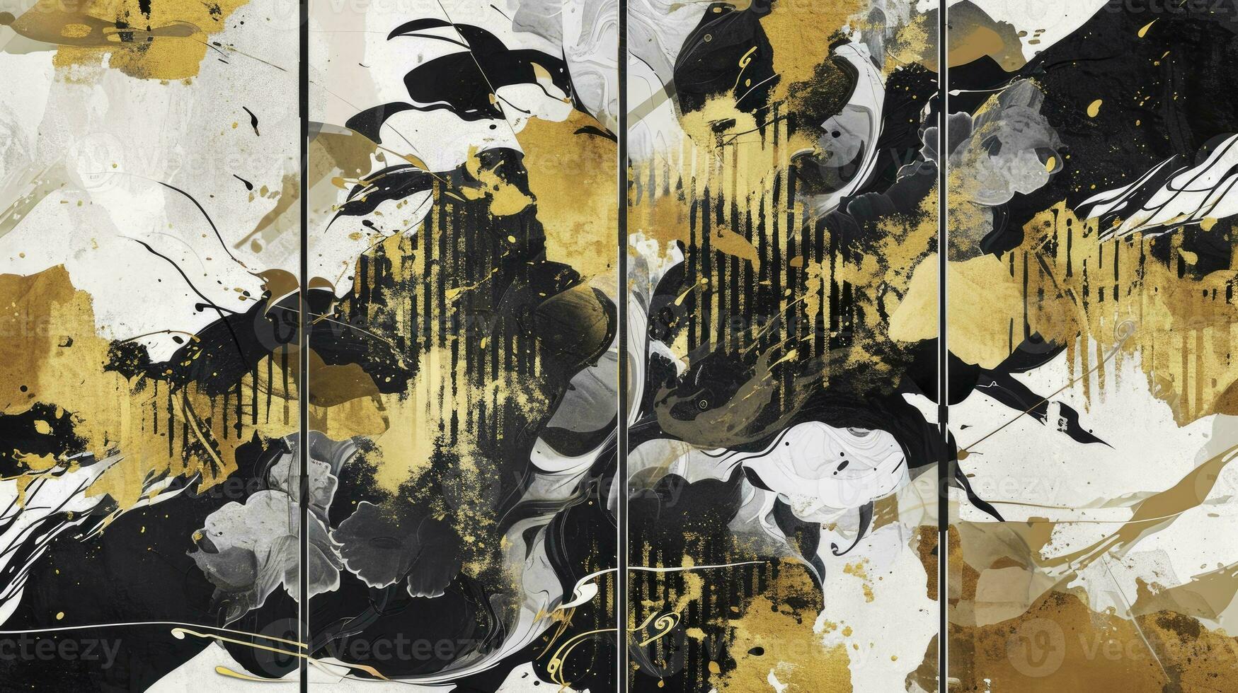 ai gegenereerd wit, zwart en goud hedendaags artistiek Japans ukiyo-e, vouwen scherm sfeer, abstract, elegant, delicaat en luxueus retro dramatisch grafisch ontwerp elementen foto