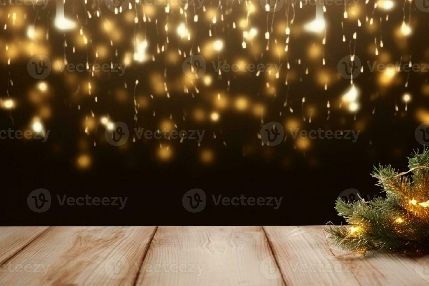 ai gegenereerd leeg rustiek houten tafel in voorkant van Kerstmis licht nacht, abstract circulaire bokeh achtergrond foto