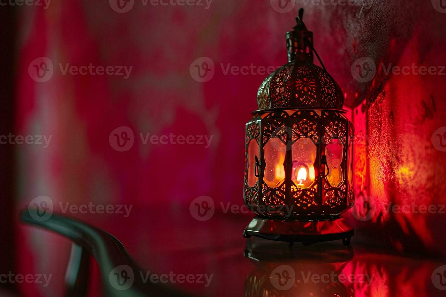 ai gegenereerd rood sier- Arabisch lantaarn gloeiend Bij nacht uitnodiging voor moslim heilig maand Ramadan kareem foto