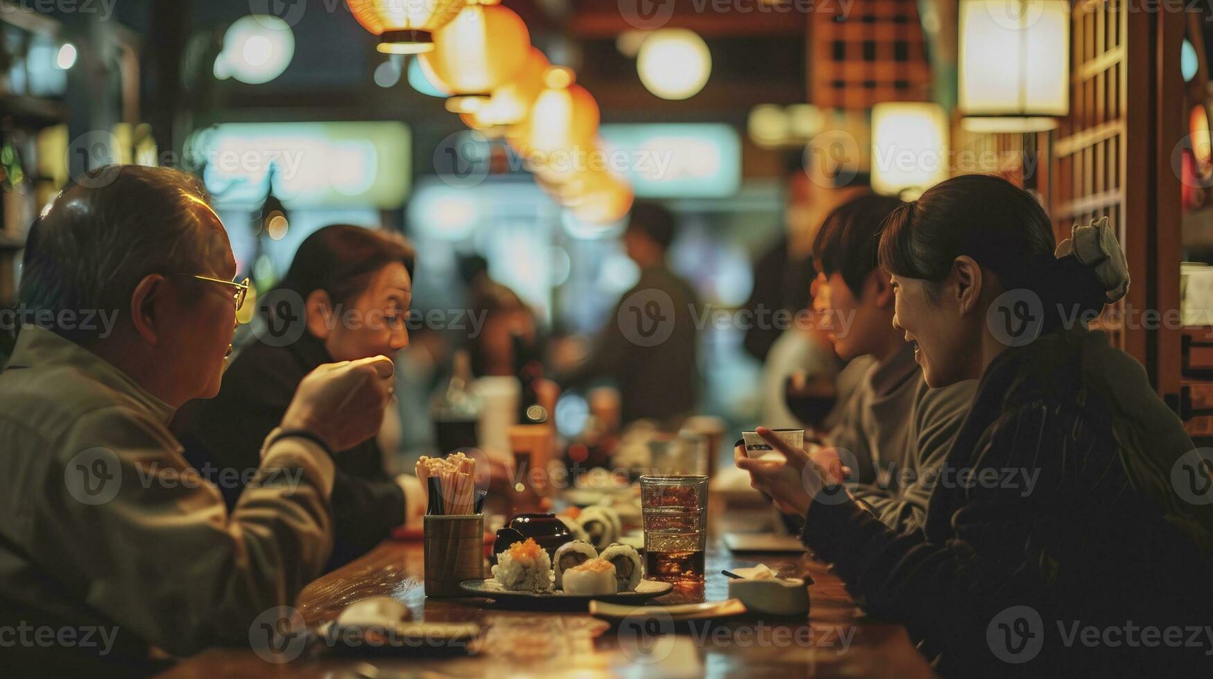 ai gegenereerd verschillend en gemengd groep van mensen hebben een vergadering Bij een Japans gestileerd sushi restaurant foto