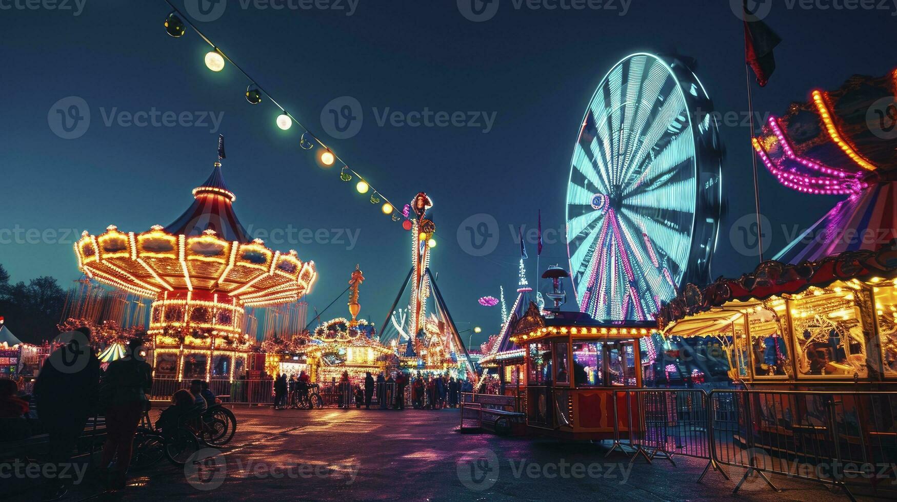 ai gegenereerd kermis en carnaval ritten en attracties gloeiend Bij nacht. foto