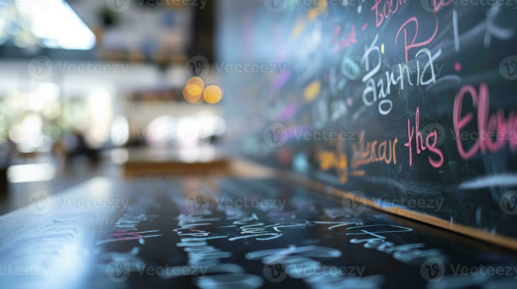 ai gegenereerd verschillend mensen verschillend kleur hand- schrijven Aan een schoolbord kant visie klas bokeh achtergrond foto