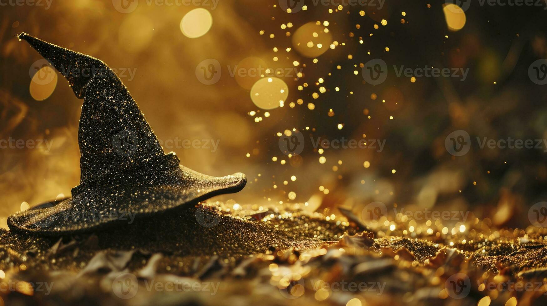 ai gegenereerd magie zwart tovenaar hoed Aan gouden fee stof achtergrond ,concept carnaval foto