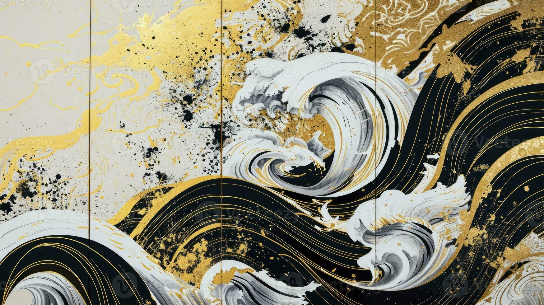 ai gegenereerd wit, zwart en goud hedendaags artistiek Japans ukiyo-e, vouwen scherm sfeer, abstract, elegant, delicaat en luxueus retro dramatisch grafisch ontwerp elementen foto