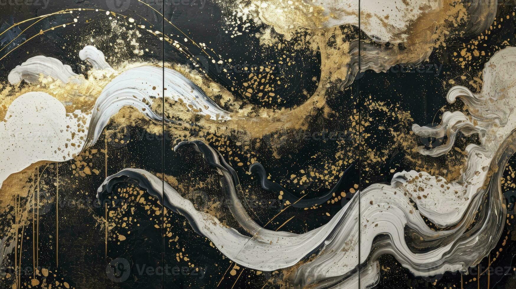 ai gegenereerd wit, zwart en goud hedendaags artistiek Japans ukiyo-e, vouwen scherm sfeer, abstract, elegant, delicaat en luxueus retro dramatisch grafisch ontwerp elementen foto