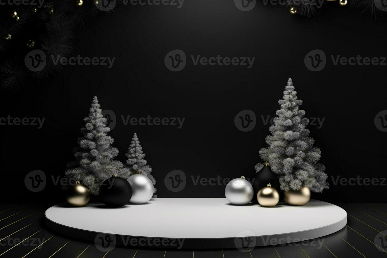 ai gegenereerd vrolijk Kerstmis 3d weergegeven zwart en wit podium Scherm voor evenement foto