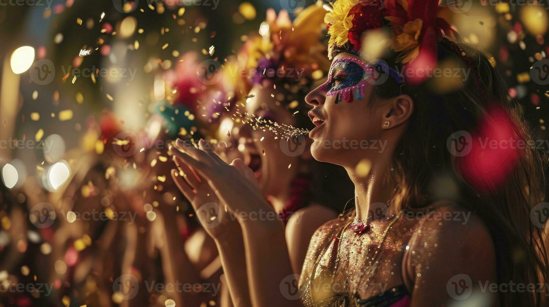 ai gegenereerd braziliaans carnaval. jong Dames in kostuum genieten van de carnaval partij blazen confetti. foto