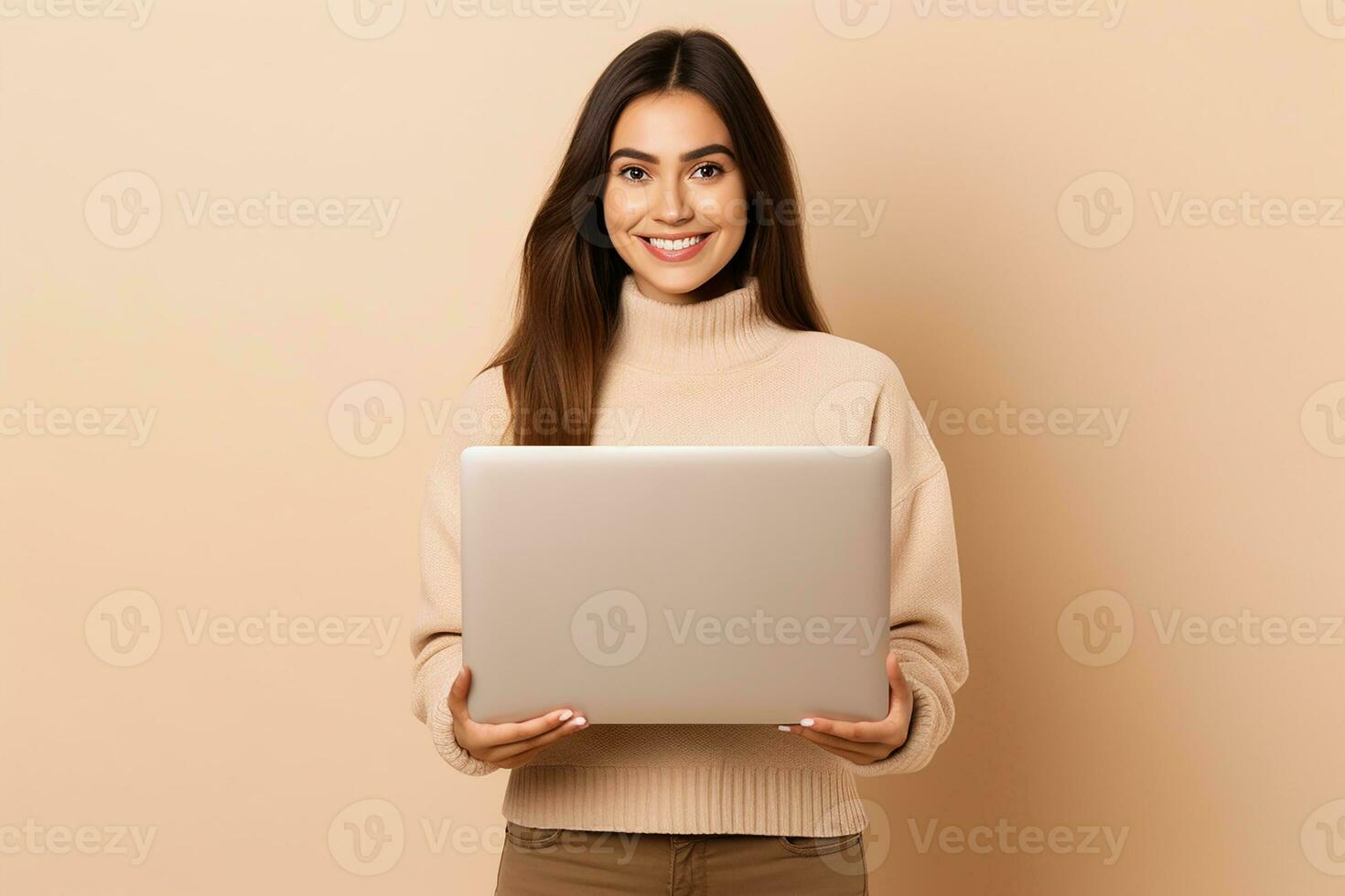 ai gegenereerd een gelukkig vrouw met laptop Aan pastel achtergrond generatief ai foto