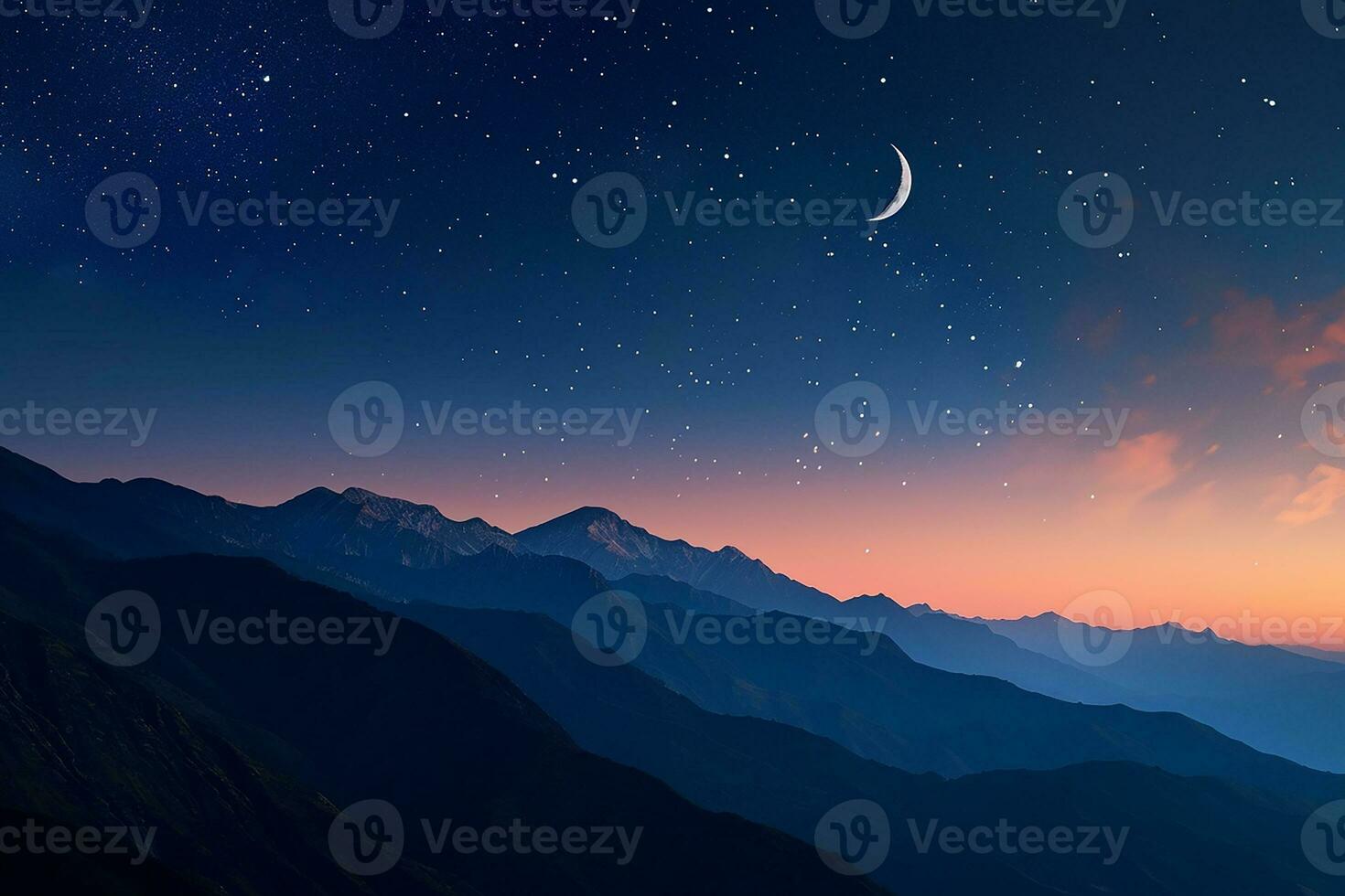 ai gegenereerd panorama visie van nacht lucht en maan, sterren, Ramadan kareem Islamitisch achtergrond foto