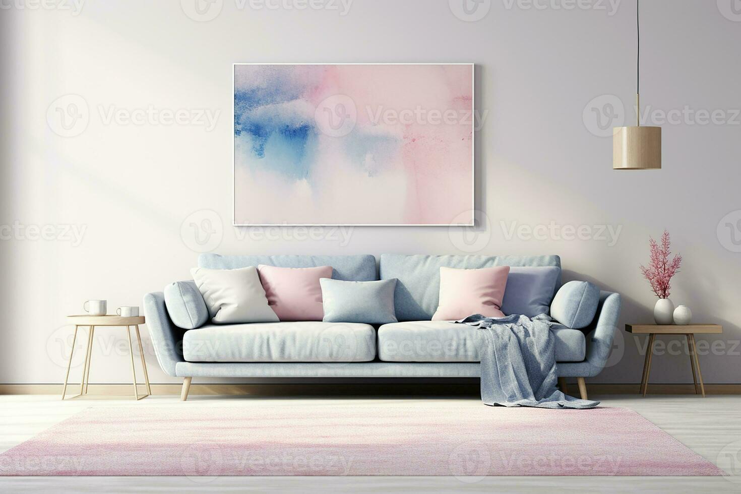 ai gegenereerd 3d weergegeven minimaal stijl modern leven kamer interieur ontwerp met sofa foto