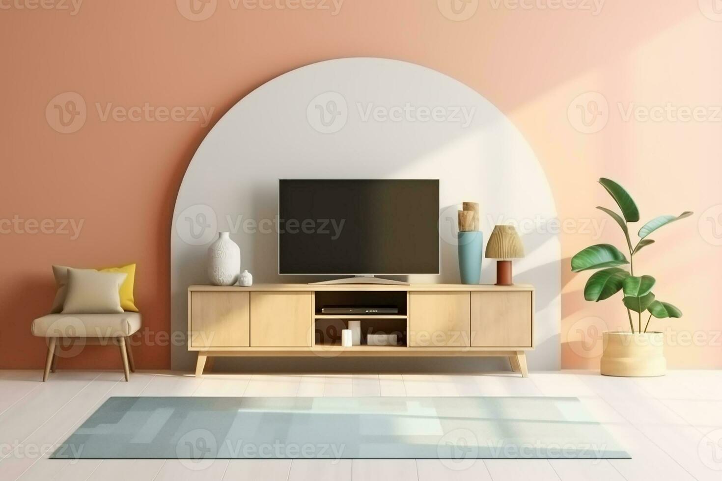 ai gegenereerd 3d weergegeven minimaal stijl modern TV LED Aan de kabinet in modern leven kamer Aan pastel achtergrond foto