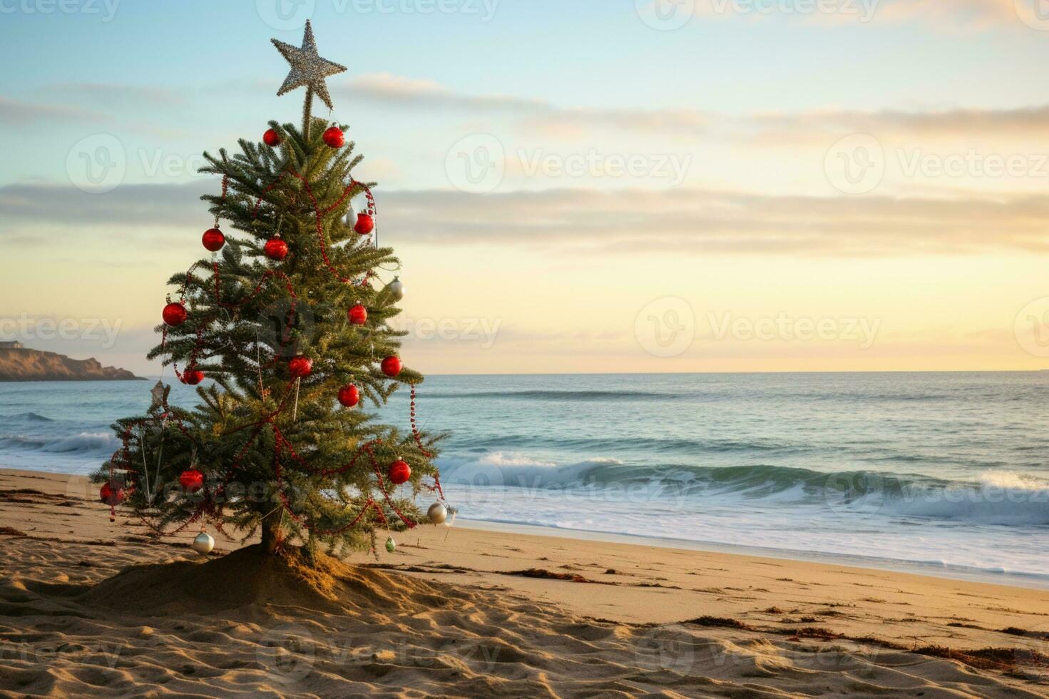 ai gegenereerd Kerstmis boom Aan de strand Bij zonsondergang foto