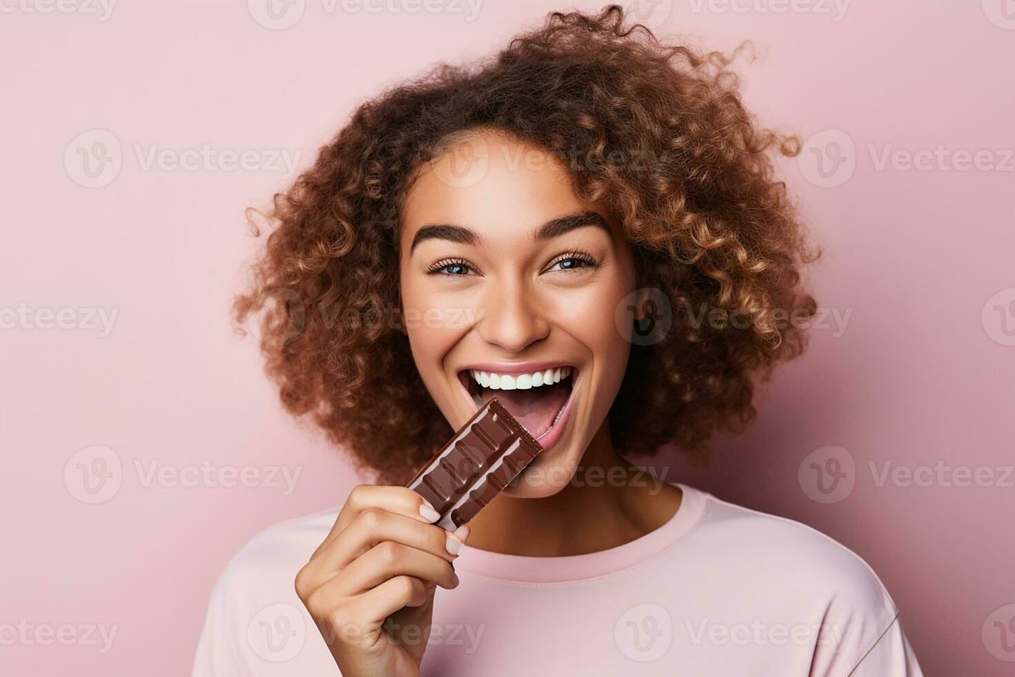 ai gegenereerd een jong gelukkig jong vrouw verstand chocola bar Aan geïsoleerd achtergrond generatief ai foto