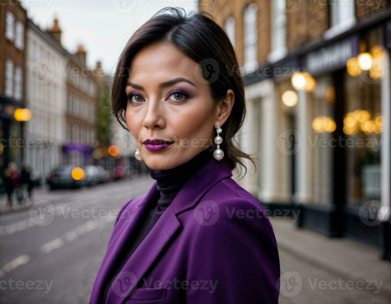 ai gegenereerd foto van mooi vrouw met zwart coltrui en stoutmoedig Purper pak en Purper broek staand Bij straat in de ochtend, generatief ai