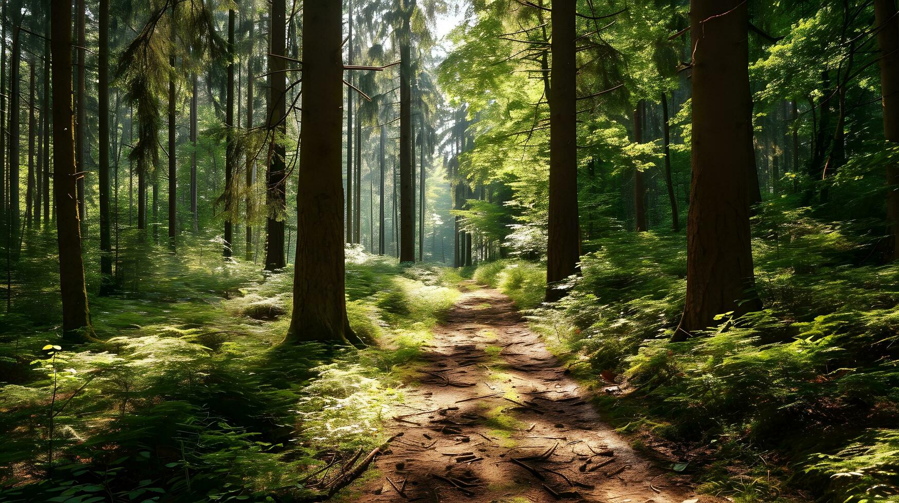 ai gegenereerd betoverd Woud spoor badend in zonlicht foto