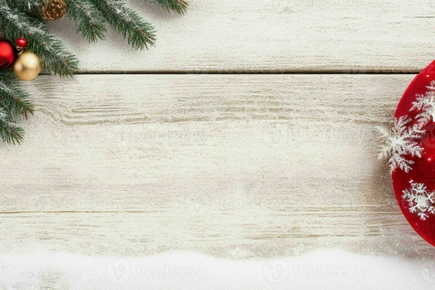 ai gegenereerd Kerstmis houten achtergrond met sneeuw. vrolijk Kerstmis en nieuw jaar banier met kopiëren ruimte. pro foto