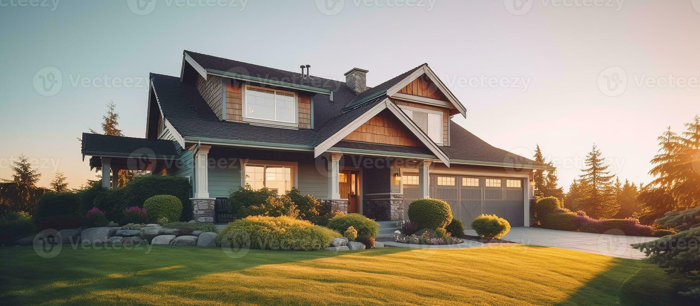 ai gegenereerd mooi huis buitenkant met zonneschijn of zonsopkomst foto