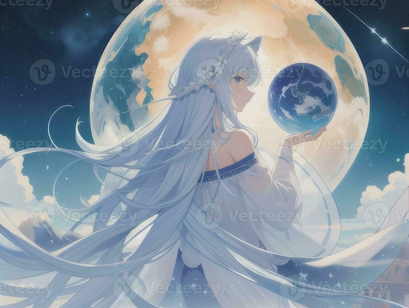 ai gegenereerd anime karakter met sterrenhemel lucht en hemel- ster zichtbaar roman achtergrond foto