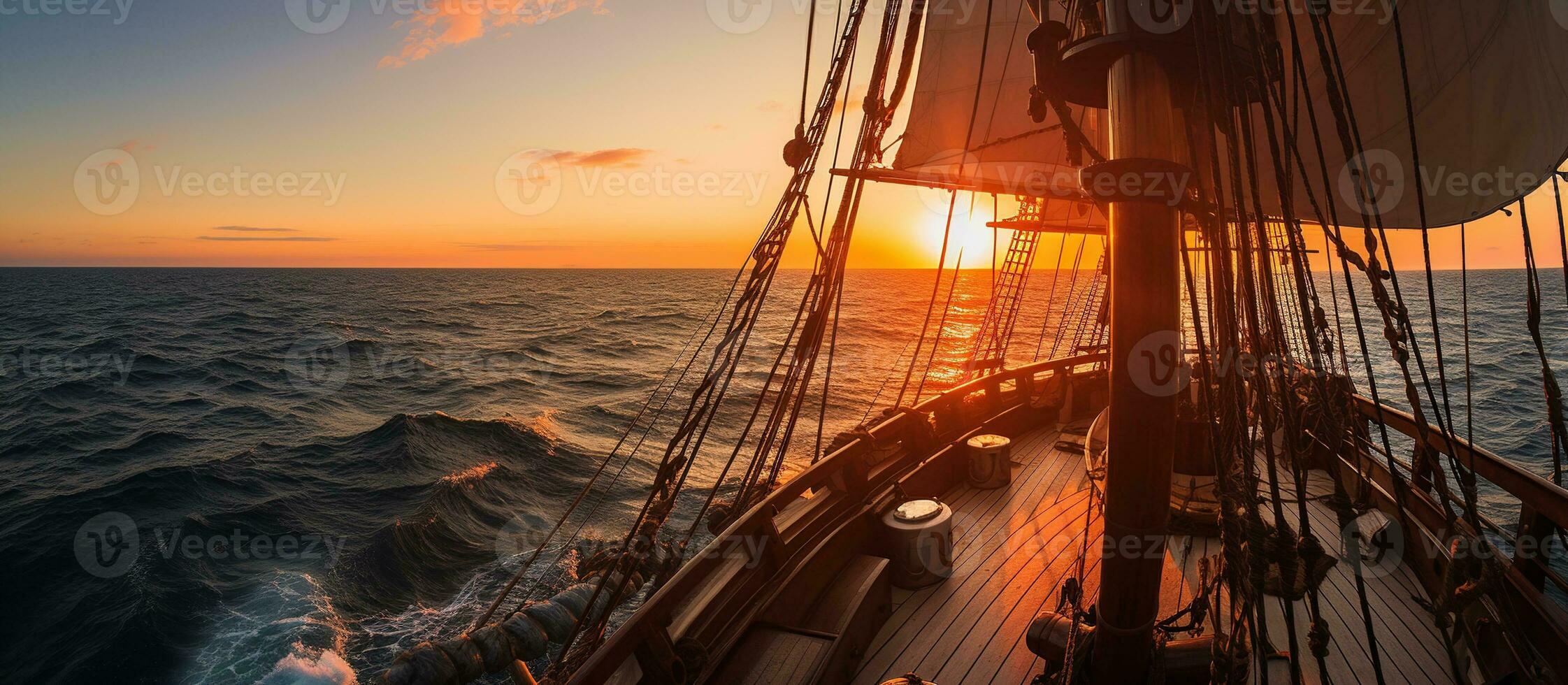 ai gegenereerd het zeilen schip Bij zee met een panoramisch visie van de zonsondergang foto