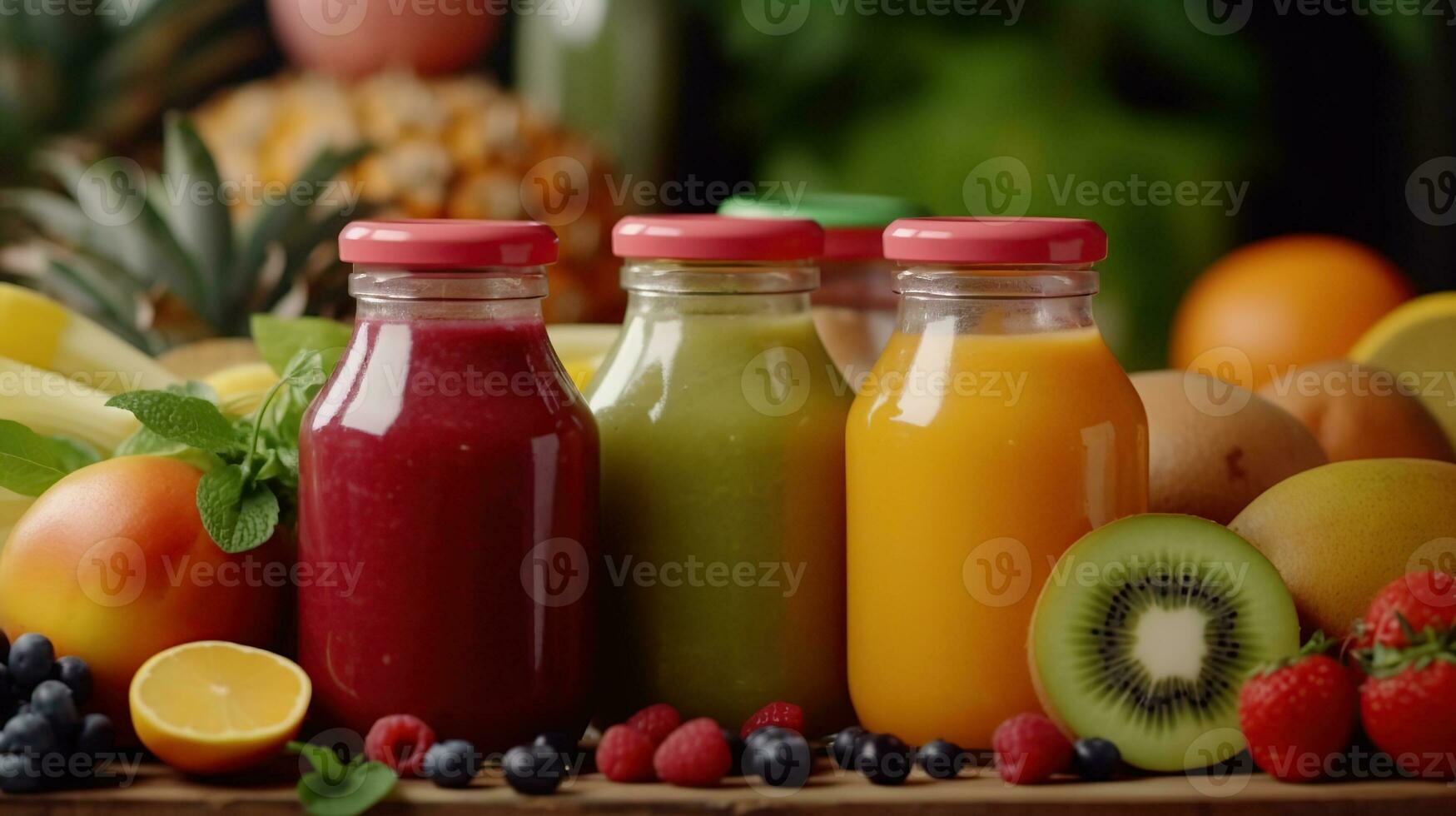 ai gegenereerd vers fruit en groente smoothies of sap in flessen met divers ingrediënten in de omgeving van generatief ai foto