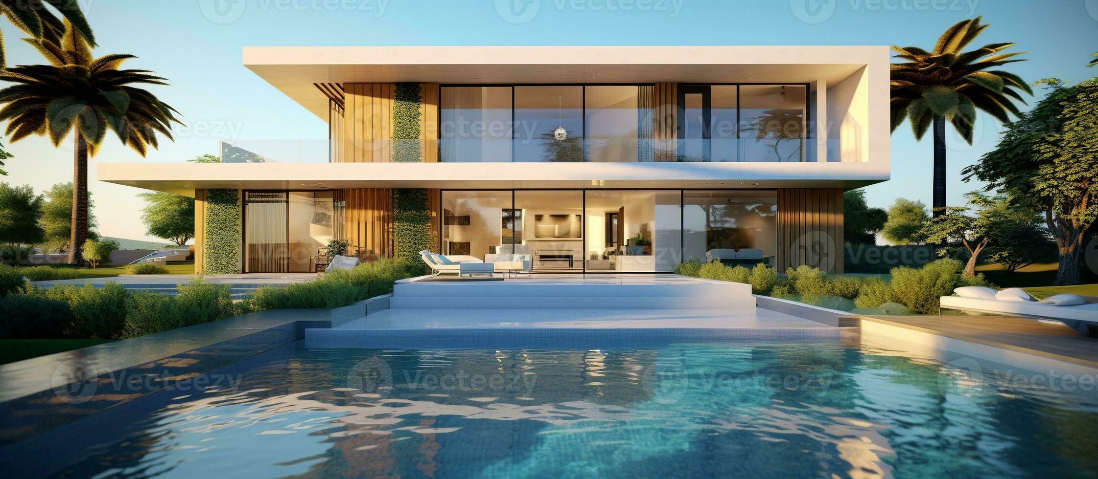 ai gegenereerd modern huis met zwembad foto