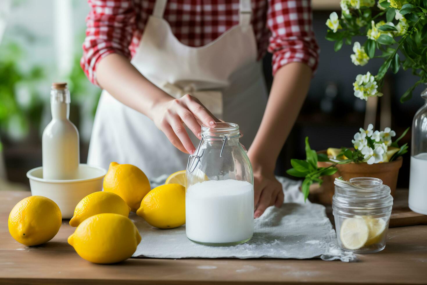 ai gegenereerd vrouw bouwen diy schoonmakers voor natuurlijk voorjaar schoonmaak foto