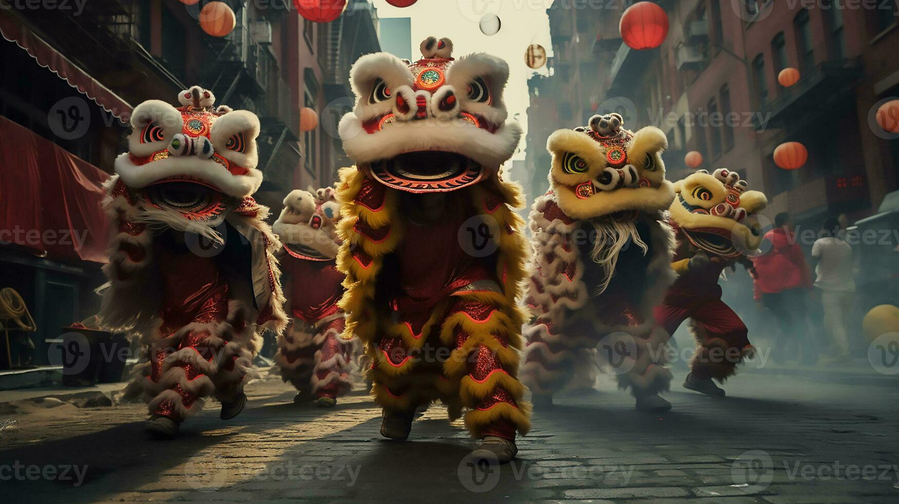 ai gegenereerd een groep van Chinese leeuw dansers uitvoeren in een straat. dongzhi festival. generatief ai foto