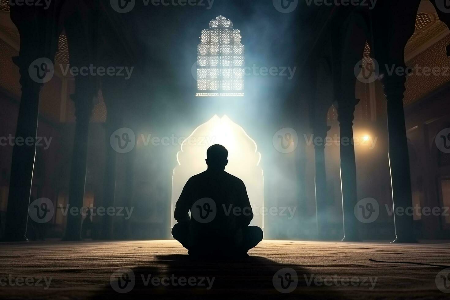 ai gegenereerd silhouet moslim Mens bidden n de moskee foto