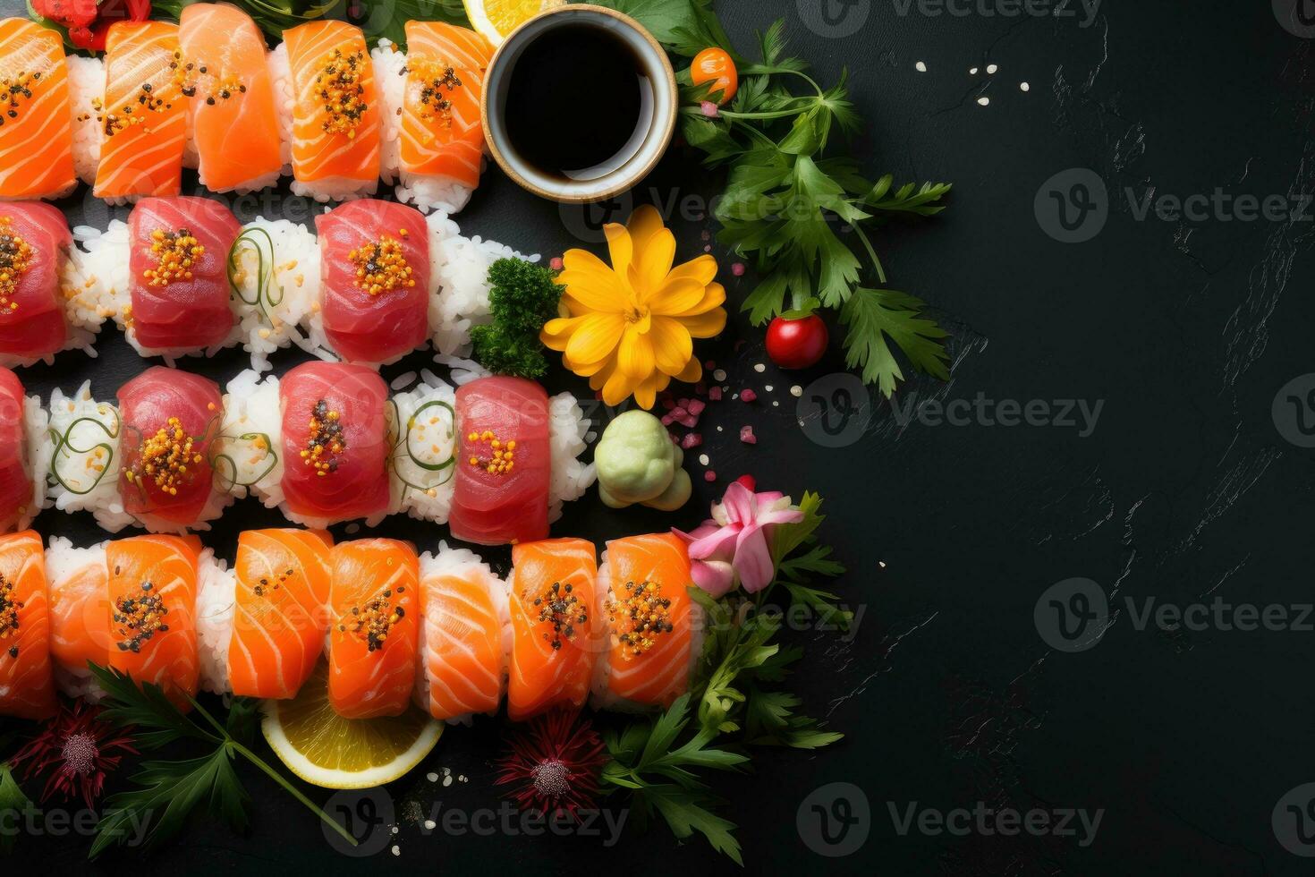 ai gegenereerd sushi Japans voedsel geïsoleerd in keuken tafel professioneel reclame voedsel fotografie foto