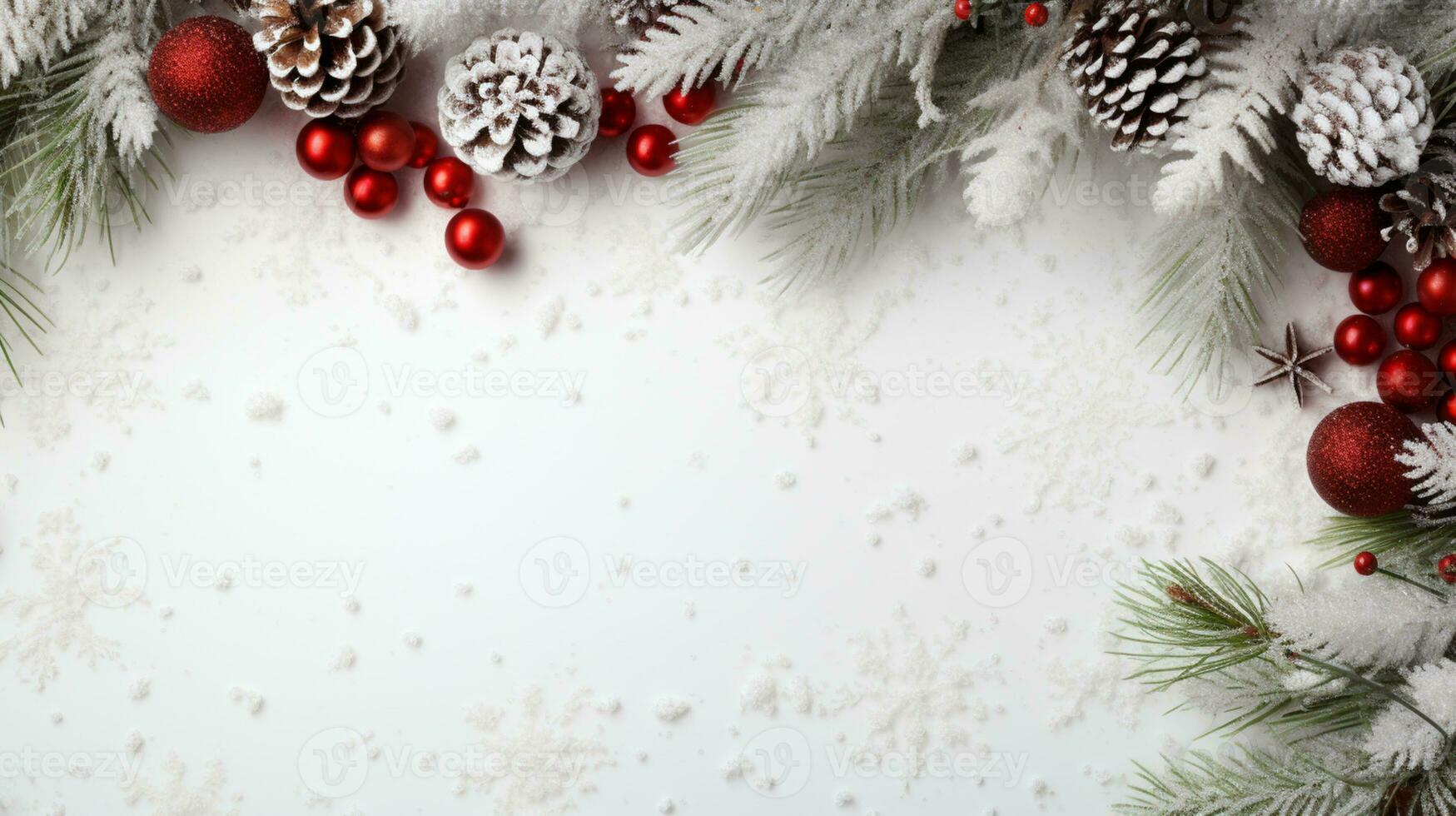 ai gegenereerd Kerstmis samenstelling van Spar boom takken met kerstballen en cadeaus Aan wit achtergrond foto