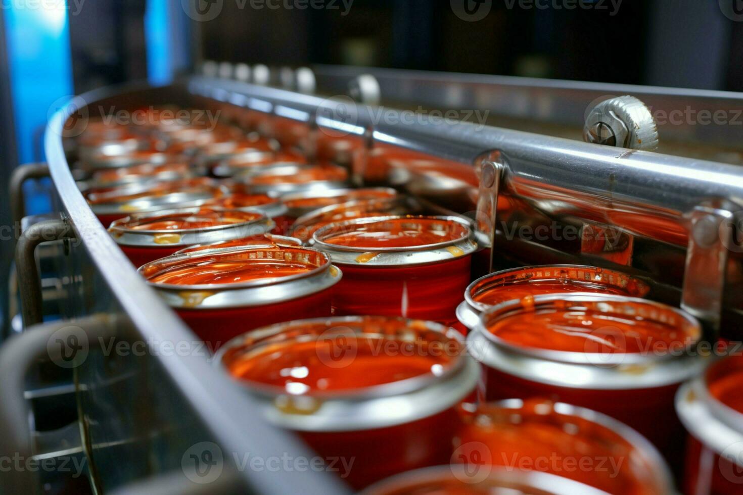 ai gegenereerd ingeblikt vis fabriek sardines in tomaat saus, productie lijn tafereel foto