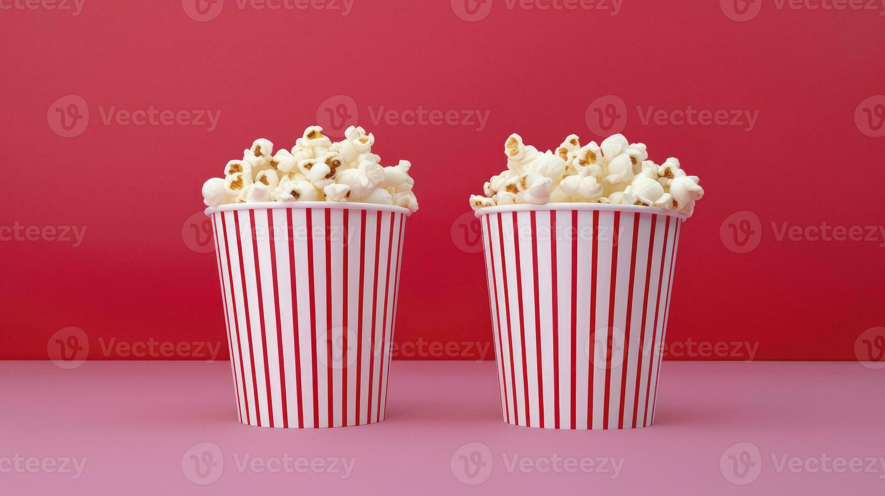 ai gegenereerd papier gestreept emmer met popcorn Aan rood achtergrond foto