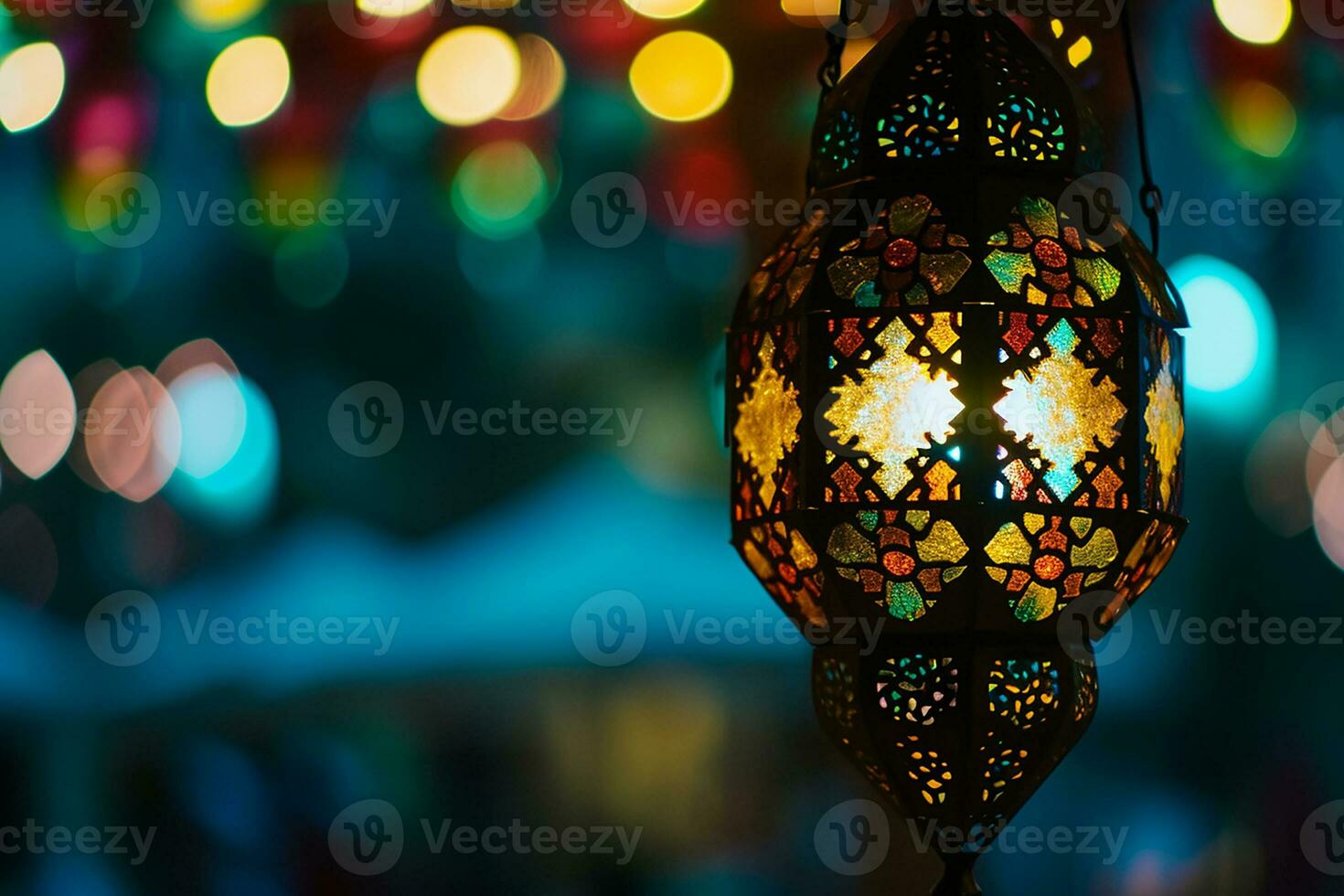 ai gegenereerd een verlichte Arabisch kleurrijk hangende Ramadan lantaarn foto