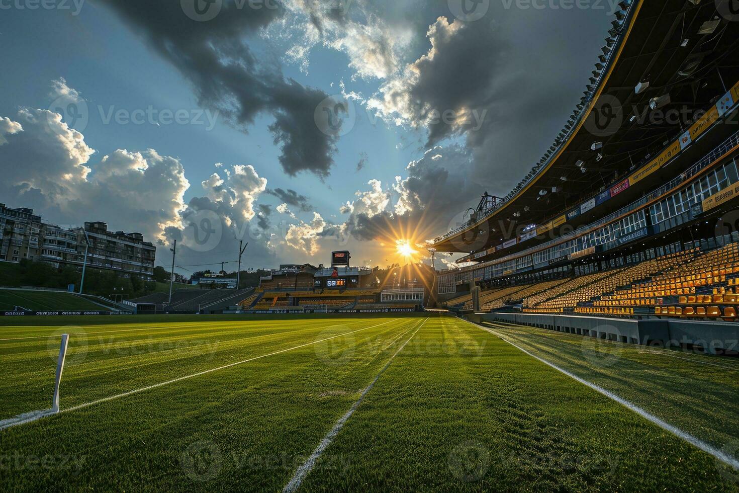 ai gegenereerd weelderig groen gazon Bij Amerikaans voetbal voetbal sport- stadion professioneel fotografie foto