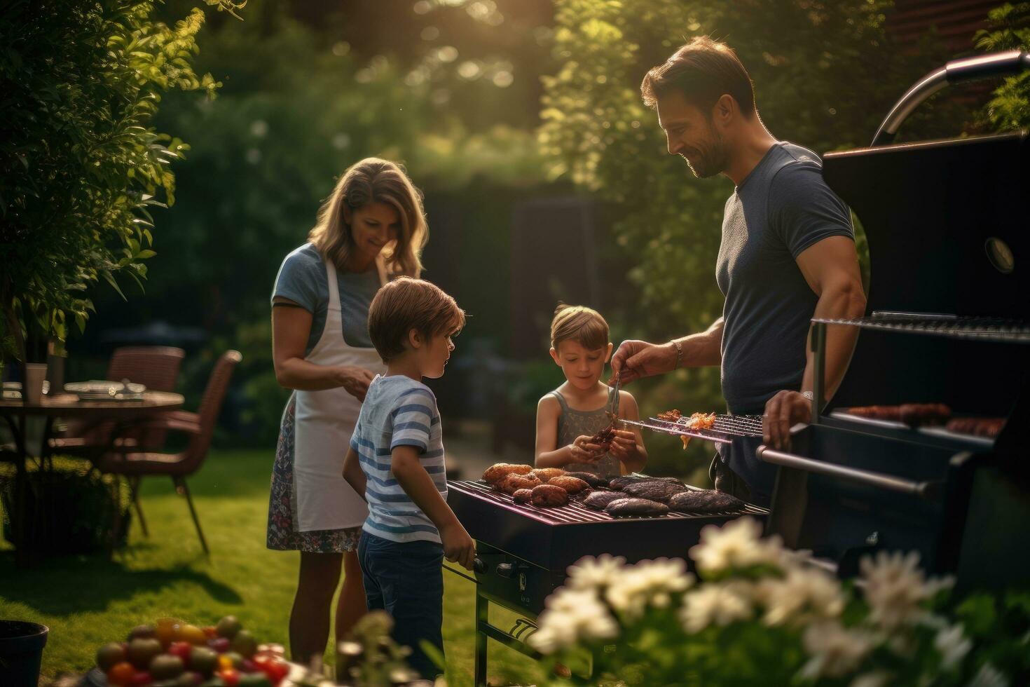 ai gegenereerd gelukkig familie hebben barbecue partij in tuin Bij zomer dag. vader, moeder en kinderen hebben pret buitenshuis, een familie voorbereidingen treffen een barbecue in hun achtertuin, ai gegenereerd foto