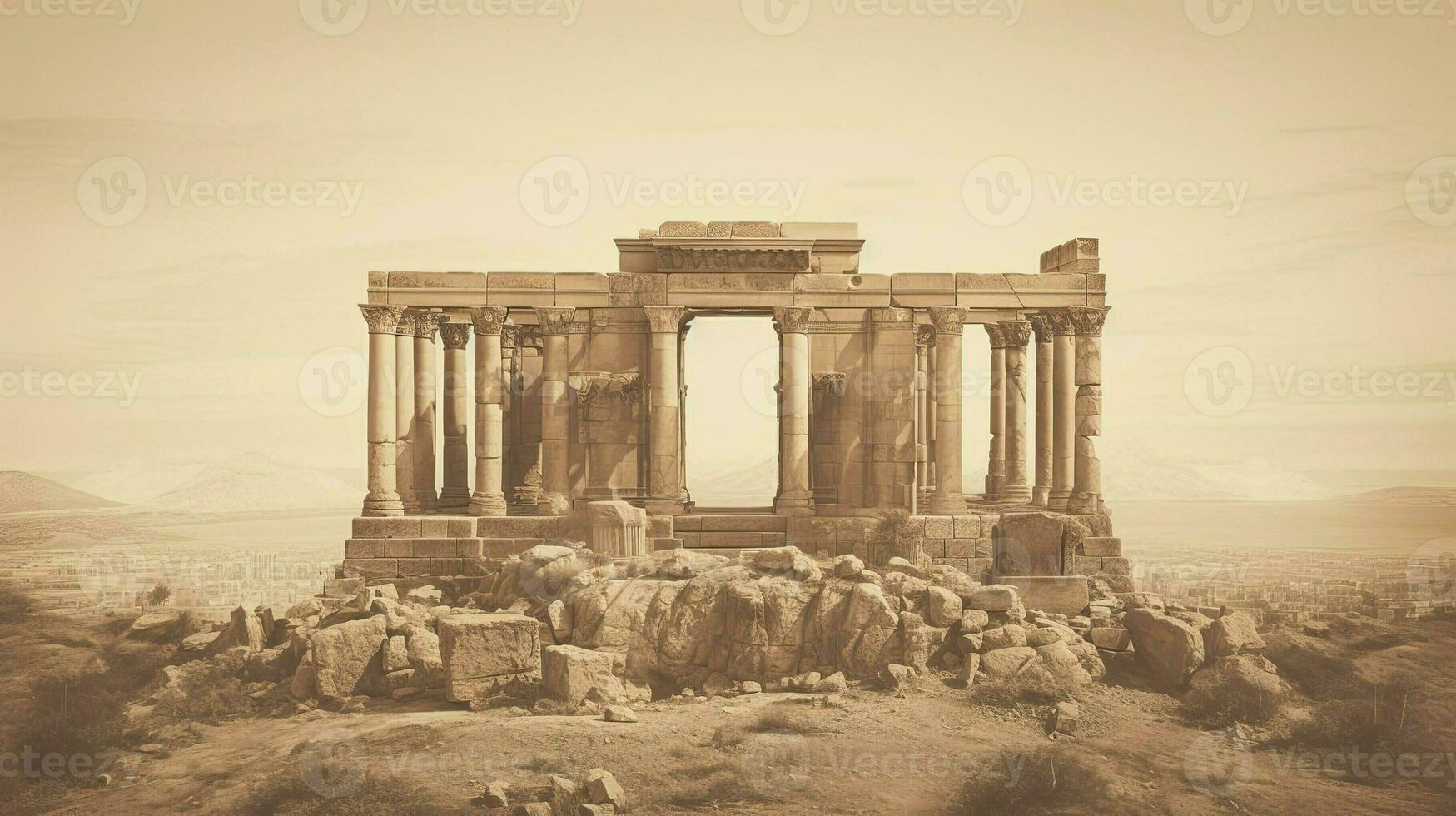 ai gegenereerd oude ruïnes in woestijn. Grieks of Romeins stad Aan midden- oostelijk en middellandse Zee landschap foto