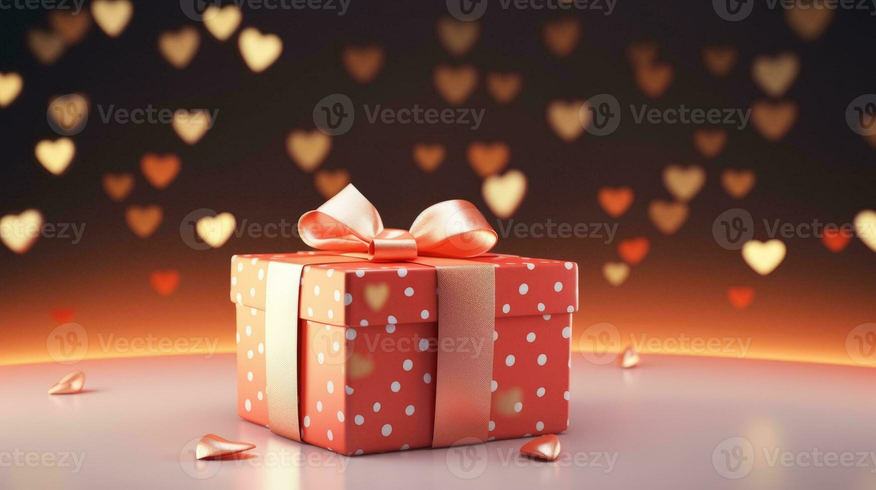 ai gegenereerd charmant geschenk doos met hart patronen en een glimmend goud lint, temidden van een vlaag van harten Aan een diep rood achtergrond, perfect voor romantisch gelegenheden. foto