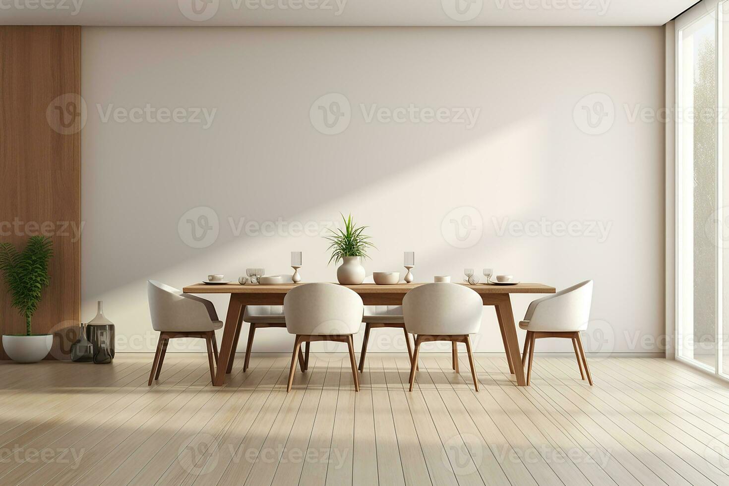 ai gegenereerd 3d weergegeven minimaal stijl modern dining kamer met en interieur ontwerp met stoel en dining tafel foto