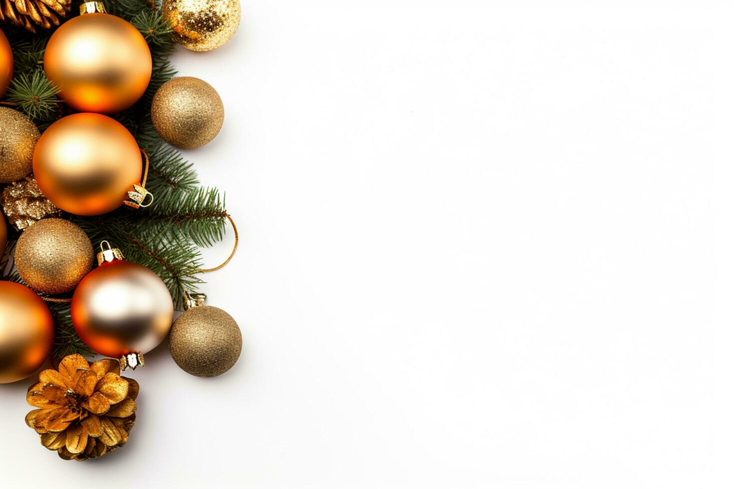 ai gegenereerd Kerstmis vakantie samenstelling van Spar boom takken met kerstballen en kopiëren ruimte foto